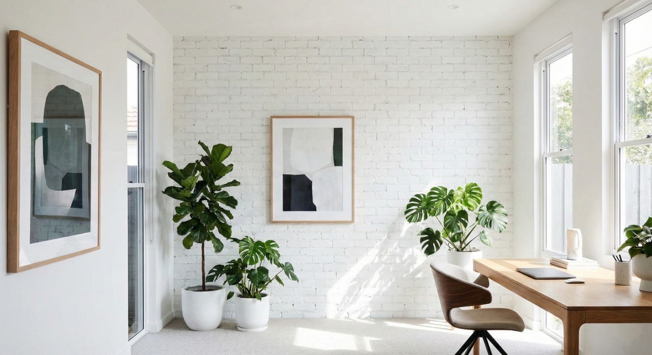 A bright, modern interior featuring a crisp white feature wall, demonstrating the stunning "Gallery Look" achieved by painting indoor brick walls