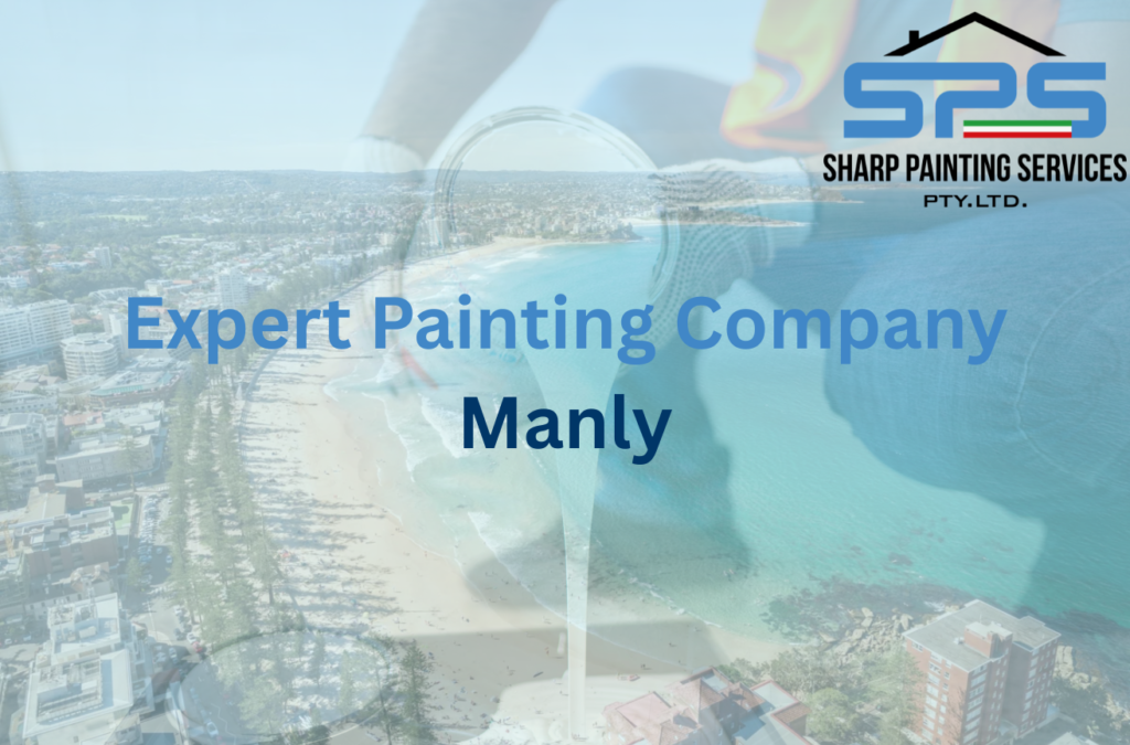 Painting Company services in Manly feature image showing professional painters pouring paint out of a bucket, representing Sharp Painting Services delivering reliable local painting solutions. Image has a semi transparent aerial image of manly, northern beaches.