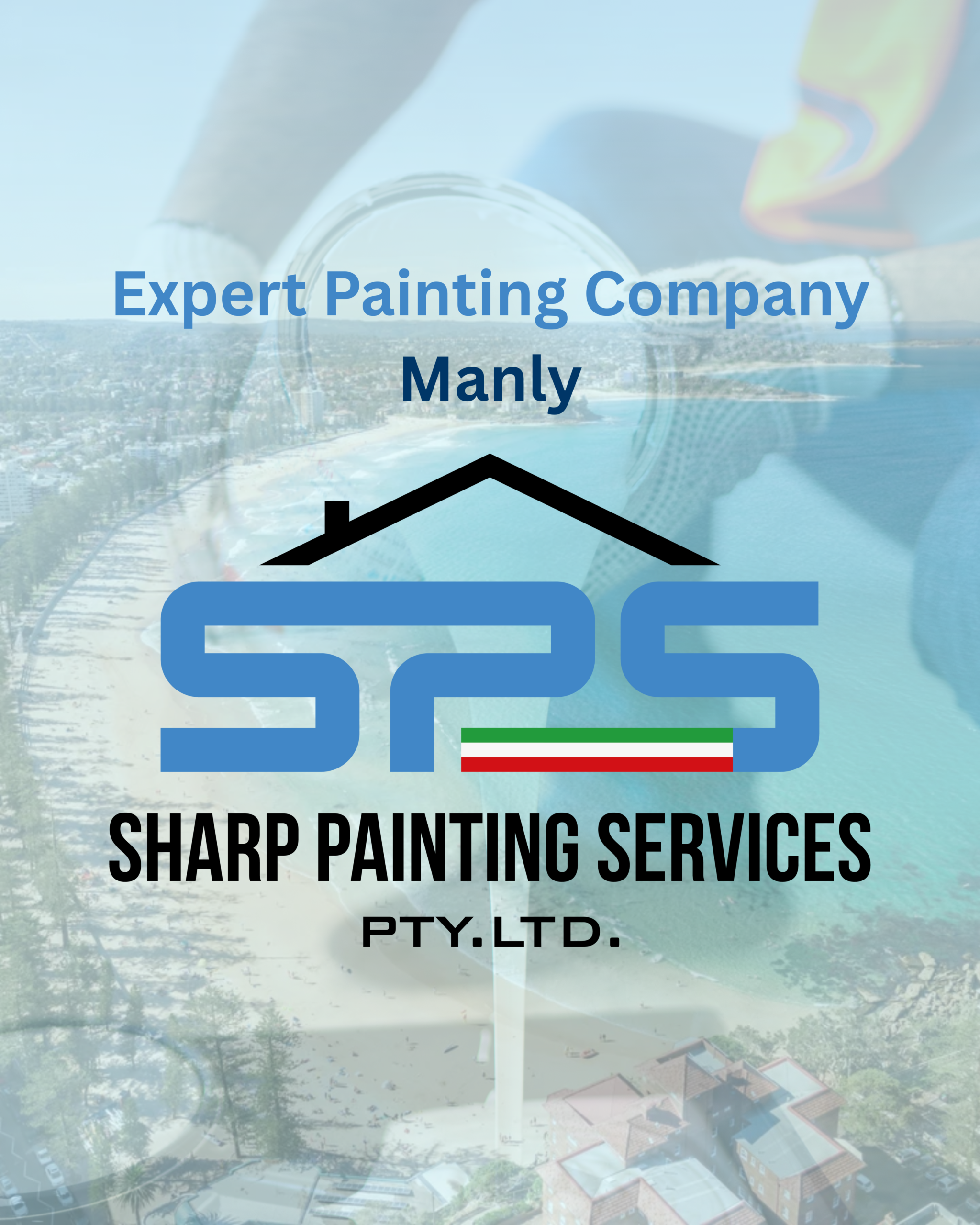 Painting Company services in Manly feature image showing professional painters pouring paint out of a bucket, with the SPS logo in the middle of the image, and the feature title above it.