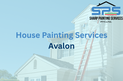 Feature image titled "House Painting Services Avalon" with a faded background of a house being painted professionally with a blue hue.