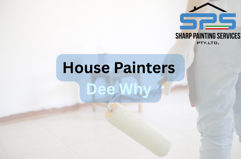 House Painters Dee Why feature image showing professional painters holding a paint roller, representing Sharp Painting Services delivering reliable local painting solutions. Image has a semi transparent aerial image of dee Why, northern beaches.