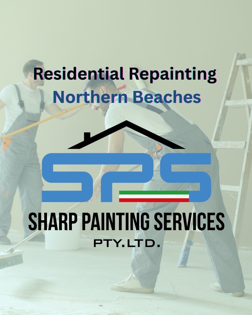 Verticle Feature image titled "Residential Repainting Northern Beaches" with a semi transparent background of Sharp Painting Service employees working on a northern beaches residential interior, with the sharp painting logo middle of the page