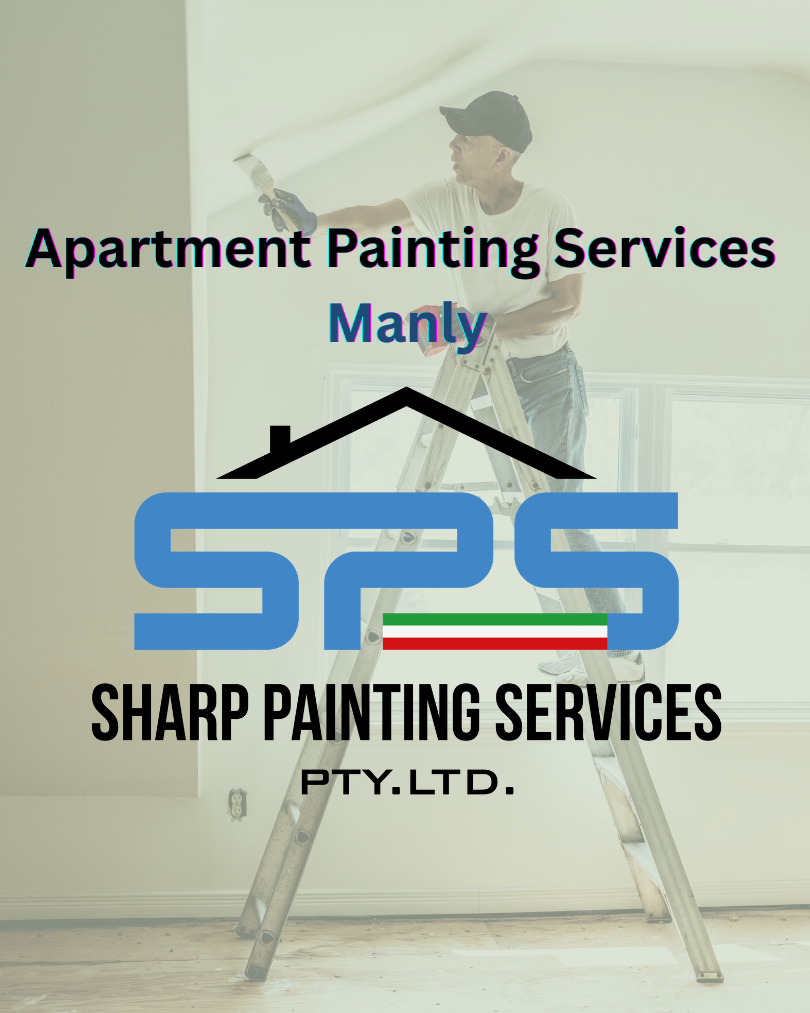Verticle feature image titled Apartment Painting Services Manly, with the S.P.S company logo middle of the screen with the title directly above it - with a semi-transparent image of a S.P.S employee painting the interior of an apartment in Manly.