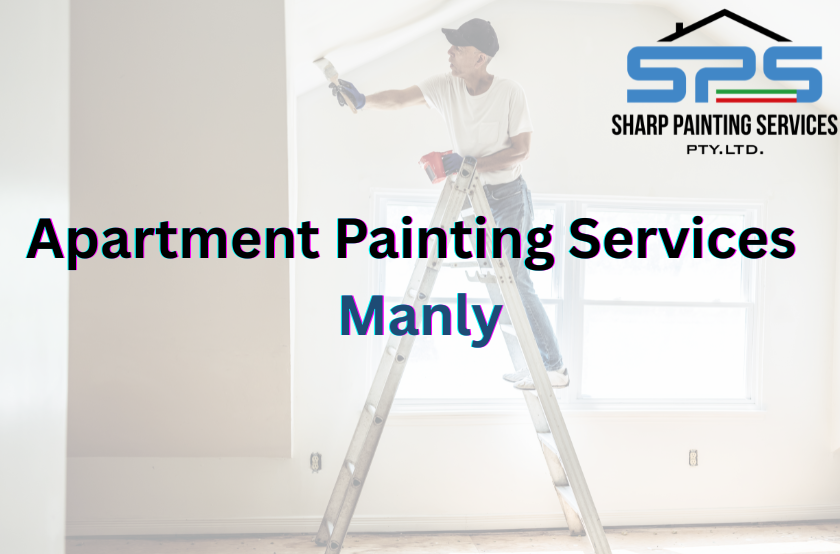 Feature image titled Apartment Painting Services Manly, with the S.P.S company logo top right hand side of the screen with the title directly in the middle - with a semi-transparent image of a S.P.S employee painting the interior of an apartment in Manly.
