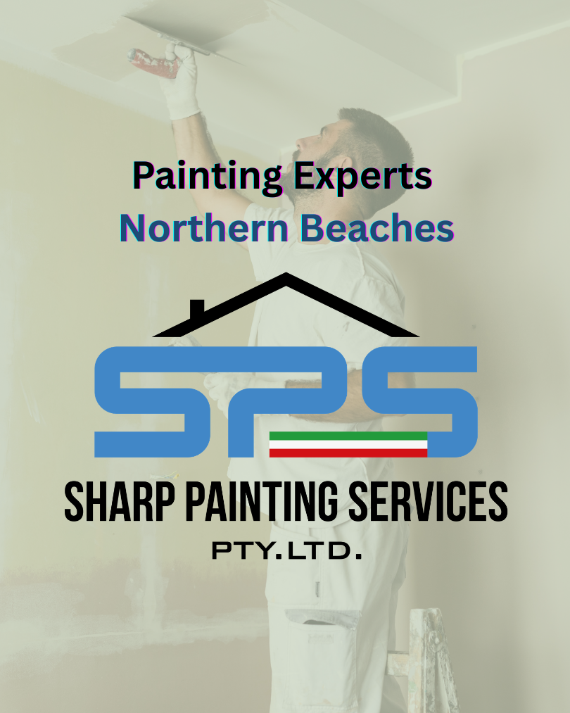 Verticle feature image titled Painting Experts Northern Beaches showcasing a semi-transparent background image of a Sharp Painting Services (S.P.S) employee painting the ceiling of a northern ebaches residence with the S.P.S Company logo featured centre and middle of the image