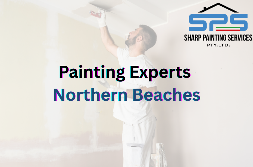 Feature image titled Painting Experts Northern Beaches showcasing a semi-transparent background image of a Sharp Painting Services (S.P.S) employee painting the ceiling of a northern ebaches residence with the S.P.S Company logo featured top right of the image